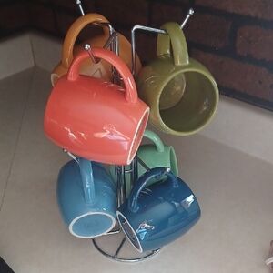 Colorful Ceramic Mug Set with Silver Stand